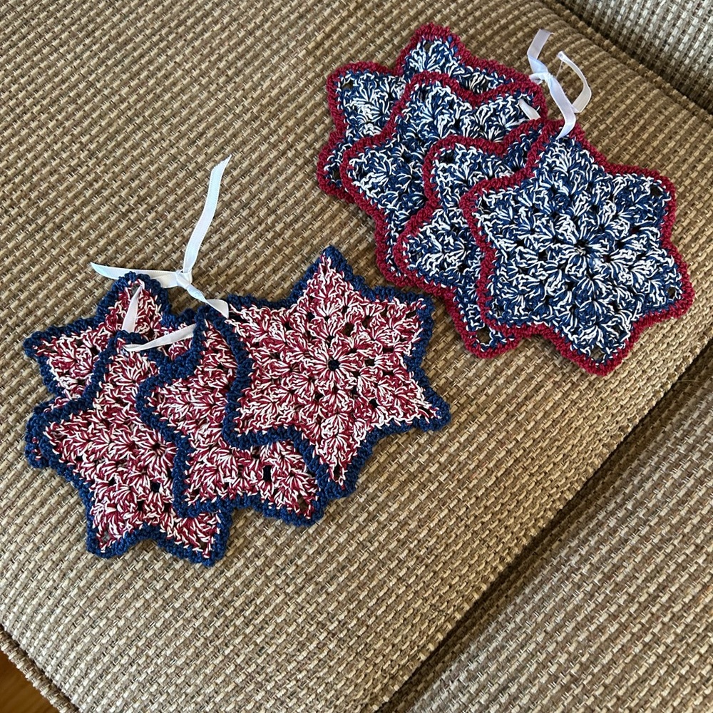 Red, White and Blue Star-Shaped Coasters. 4.5”. Sets sold separately
